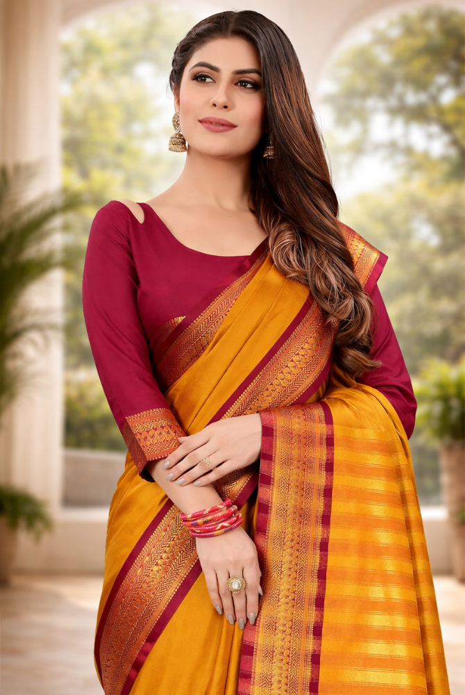 Mustard Gold & Maroon Cotton Silk Kalyani Saree