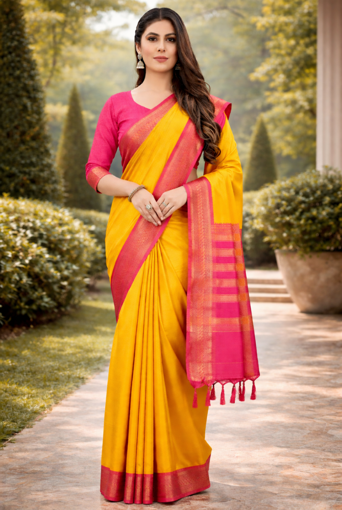 Mango Yellow & Rani Pink Cotton Silk Kalyani Saree