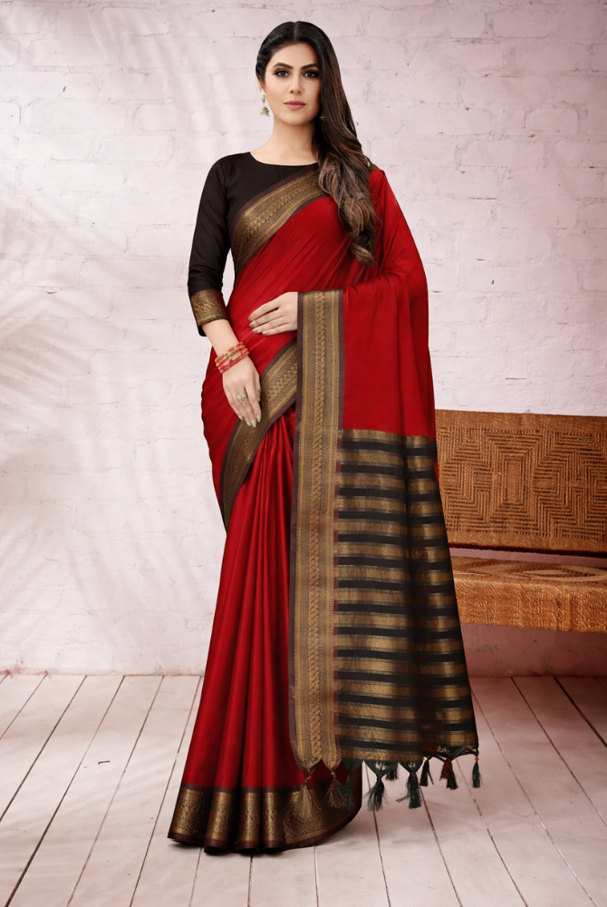Red & Coffee Brown Cotton Silk kalyani Saree