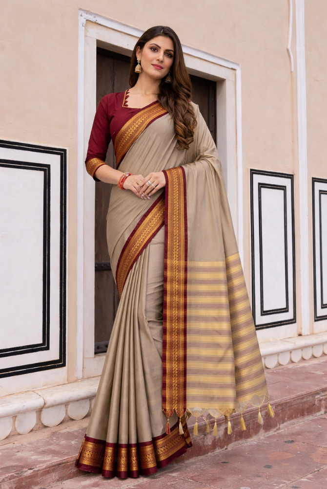 Tussar Beige & Maroon Cotton Silk Kalyani Saree