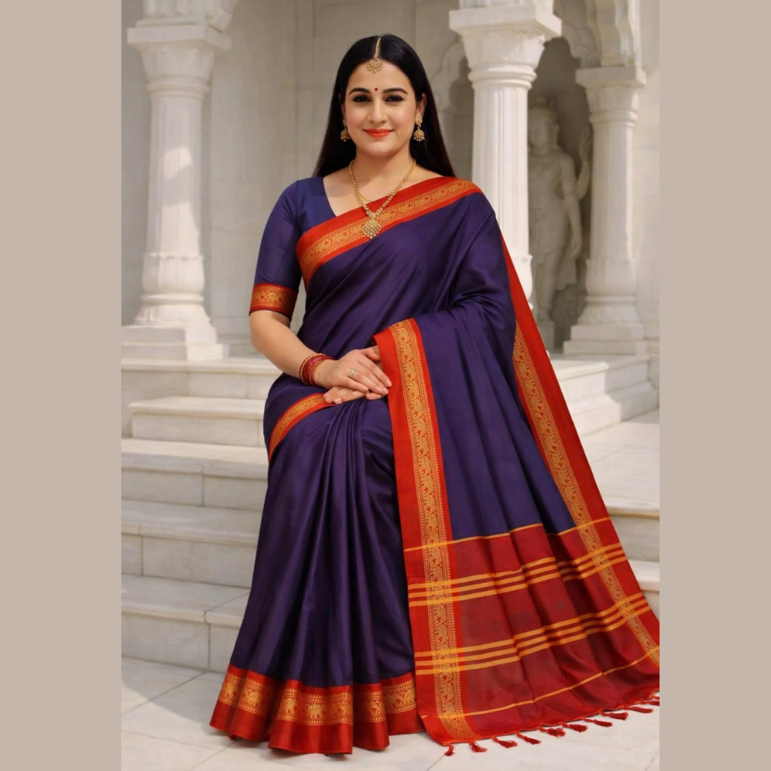 Devika - Navy Blue & Red Royal Elephant Saree