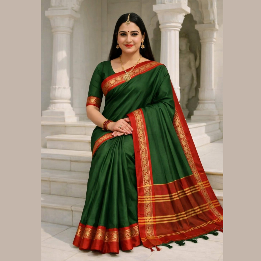 Devika - Bottle Green & Red Royal Elephant Saree