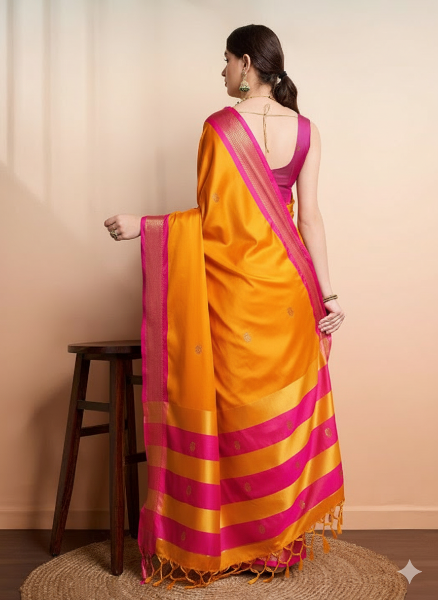 Royal Mango Yellow & Classic Pink Paithani Cotton Silk Saree