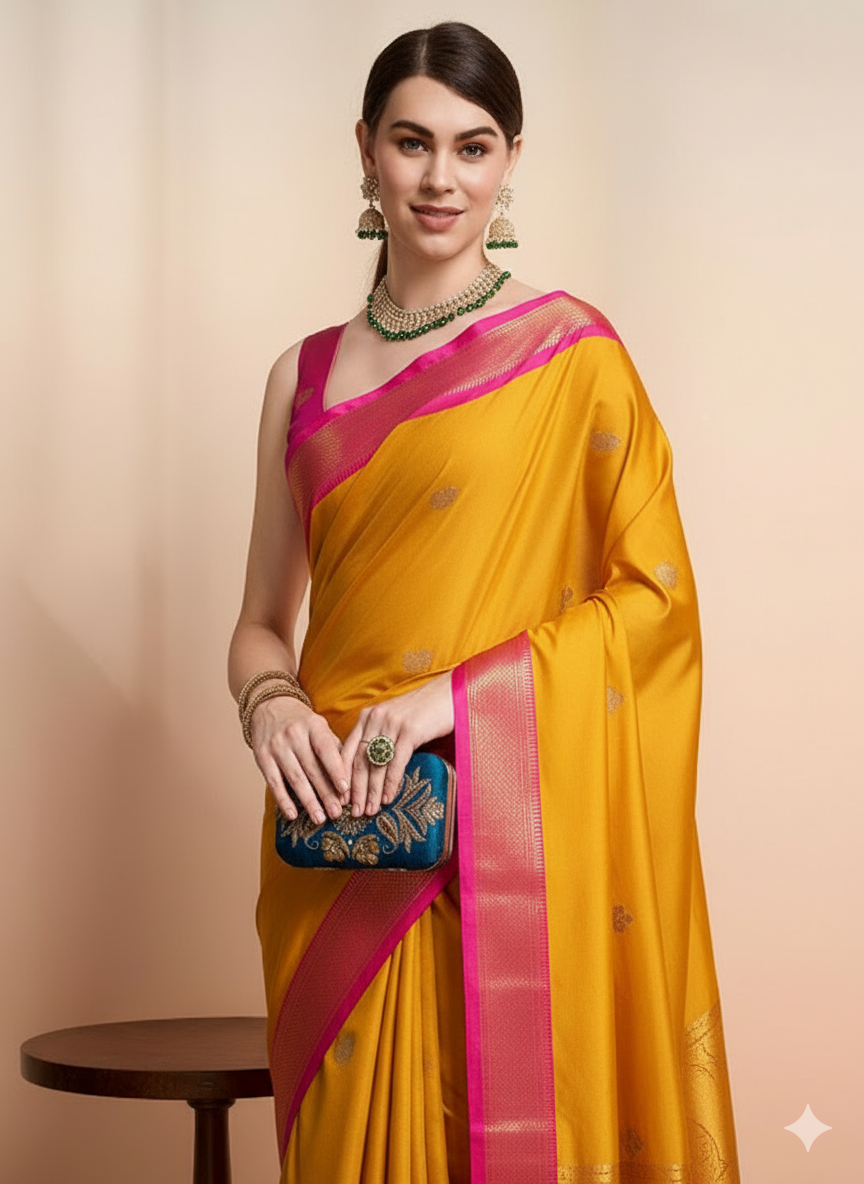 Royal Mango Yellow & Classic Pink Paithani Cotton Silk Saree