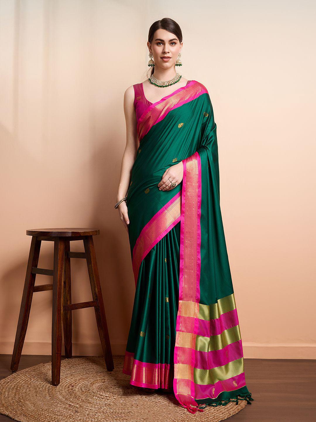 Classic Emerald Green & Royal Pink Paithani Cotton Silk Saree