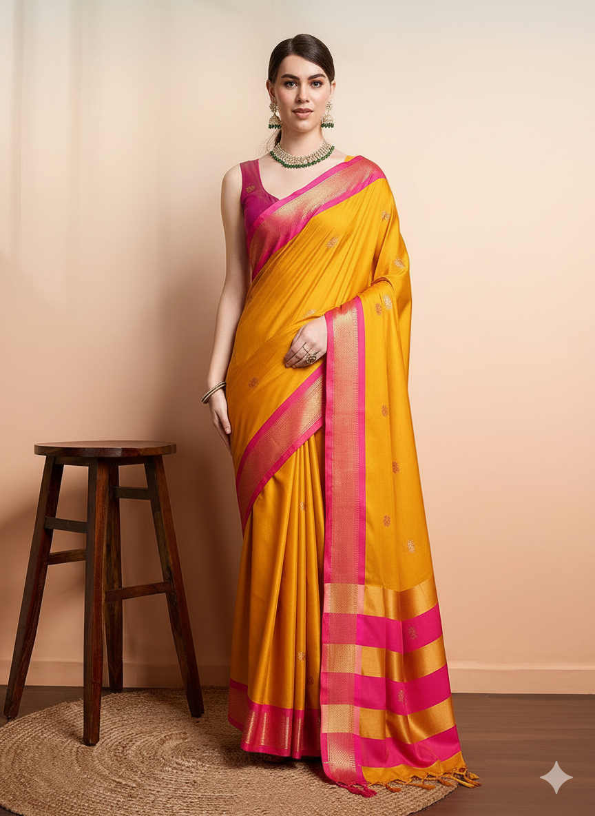 Royal Mango Yellow & Classic Pink Paithani Cotton Silk Saree