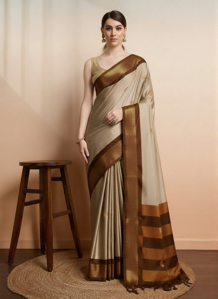 Elegant Tussar Beige & Rich Brown Paithani Cotton Silk Saree