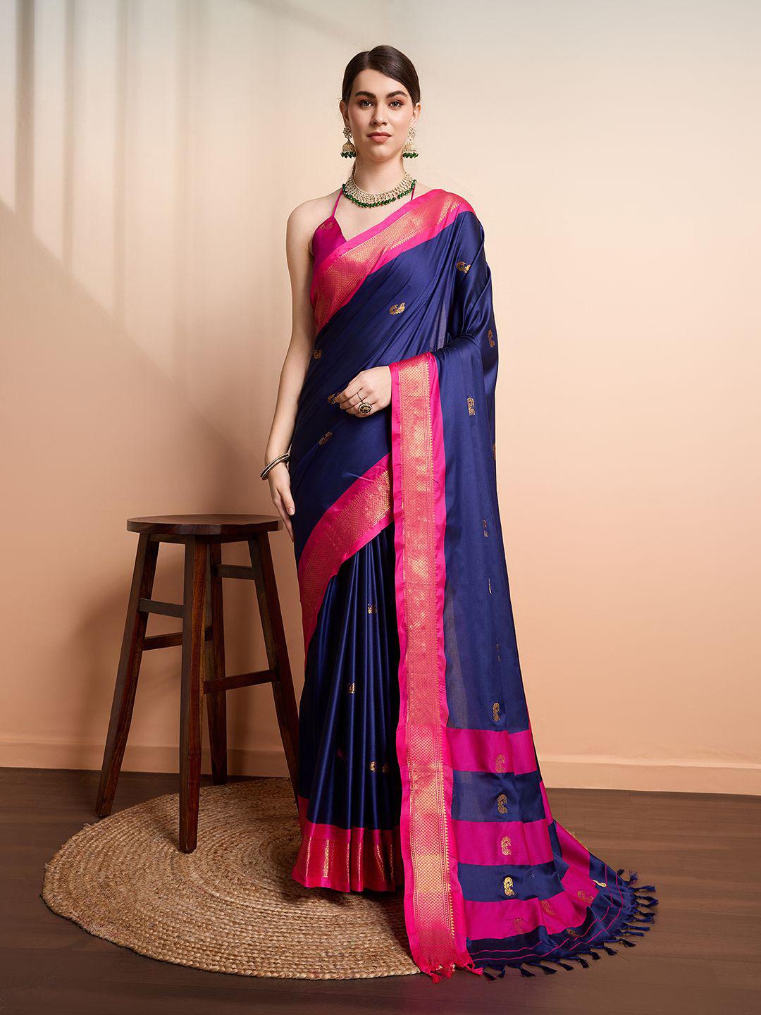 Elegant Navy Blue & Rani Pink Paithani Cotton Silk Saree