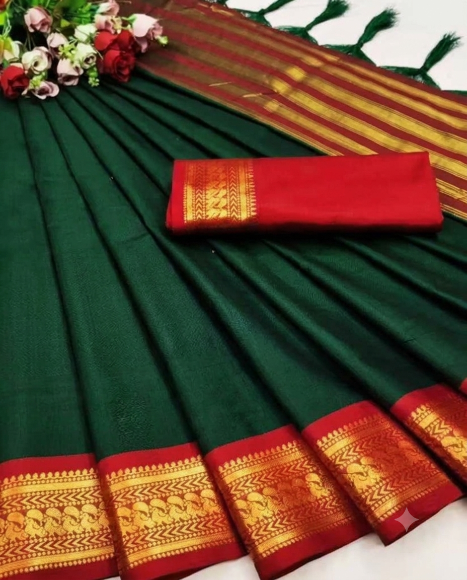 Bottle Green & Red Cotton Silk Kalyani Saree