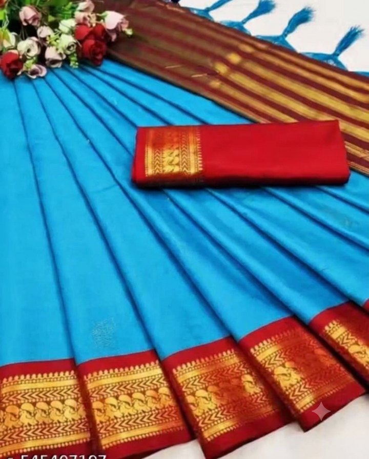 Sky Blue & Red Cotton Silk Kalyani Saree