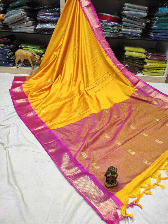 Royal Mango Yellow & Classic Pink Paithani Cotton Silk Saree