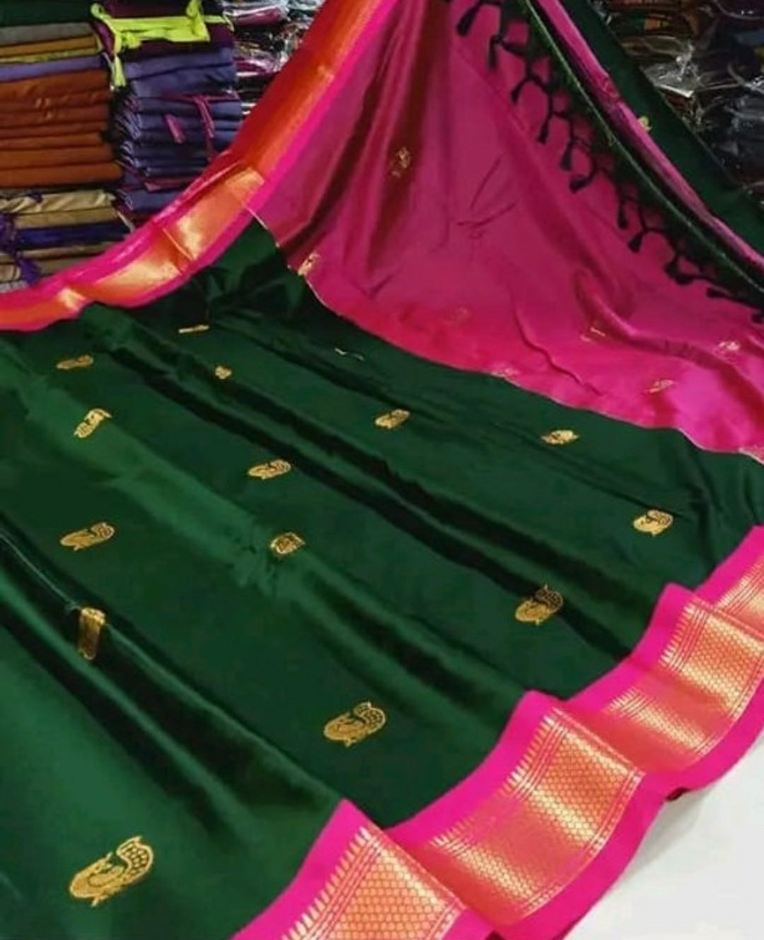 Classic Emerald Green & Royal Pink Paithani Cotton Silk Saree