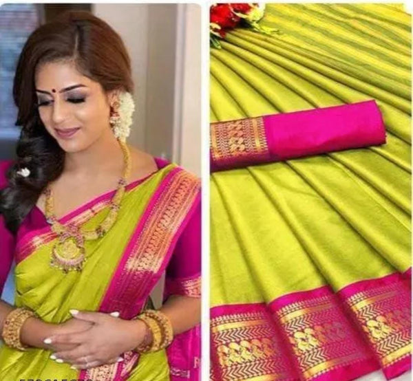Parrot Green & Rani Pink Cotton Silk Kalyani Saree