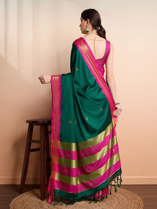 Classic Emerald Green & Royal Pink Paithani Cotton Silk Saree