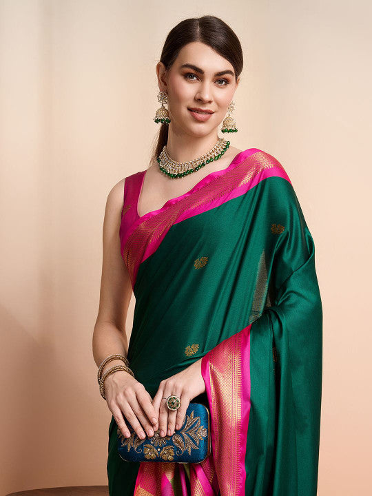 Classic Emerald Green & Royal Pink Paithani Cotton Silk Saree