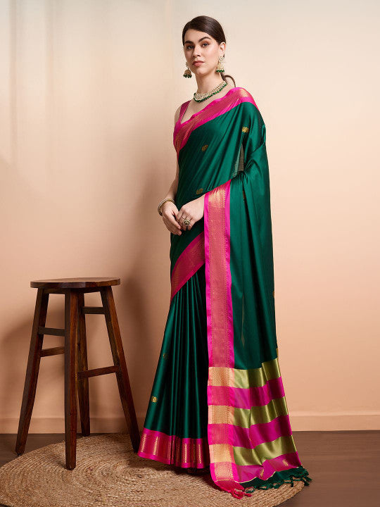 Classic Emerald Green & Royal Pink Paithani Cotton Silk Saree