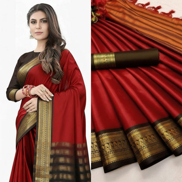 Red & Coffee Brown Cotton Silk kalyani Saree