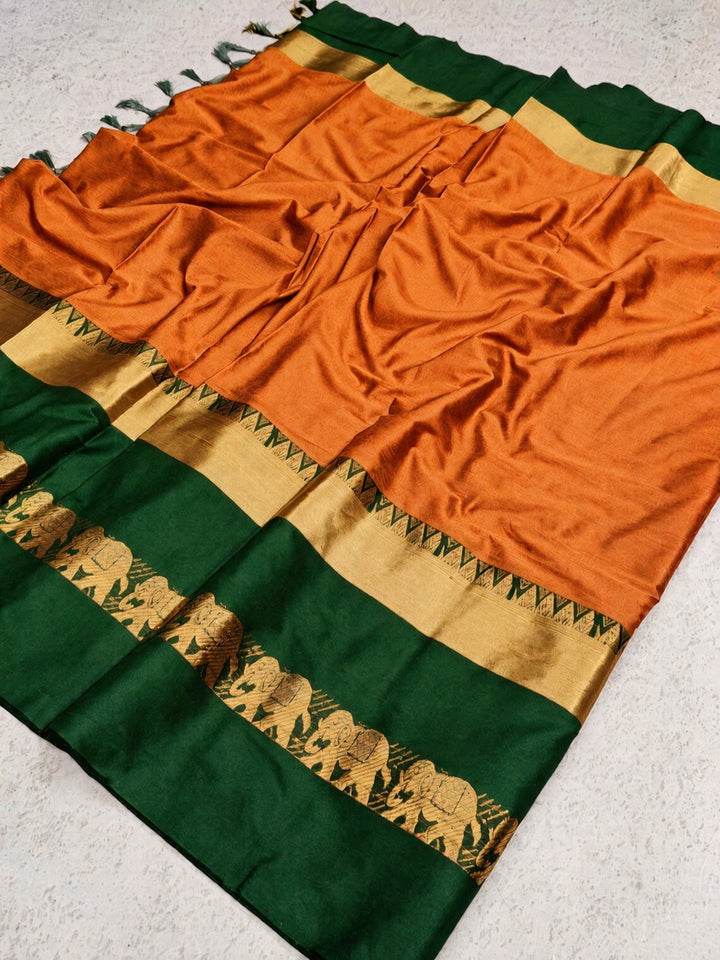 Orange & Bottle Green Cotton Silk Savanna Elephant Saree