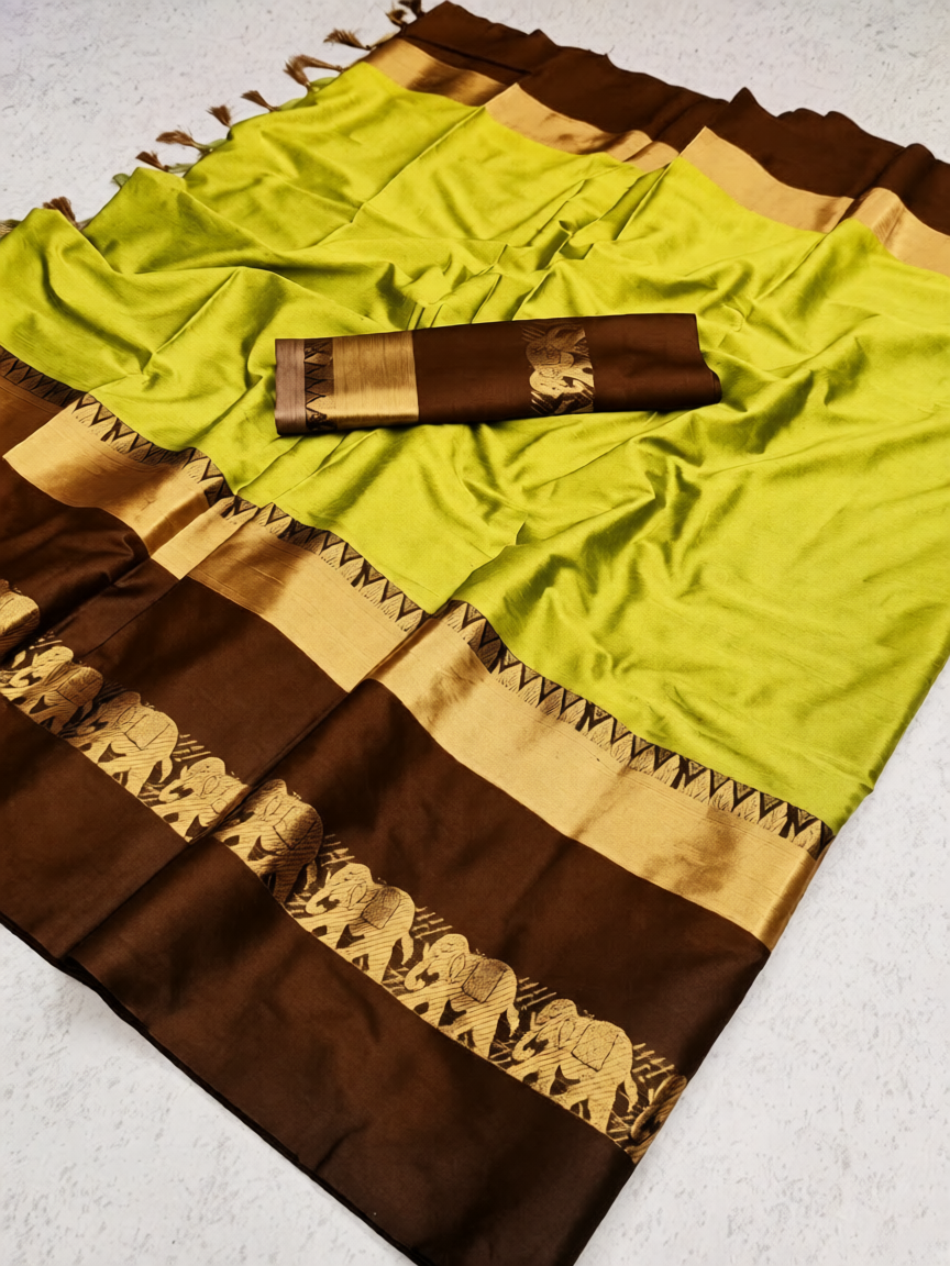 Lemon Green & Coffee Brown Cotton Silk Savanna Elephant Saree