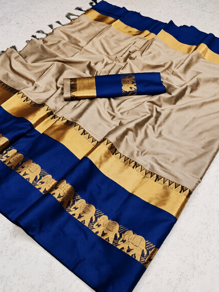 Tussar Beige & Blue Cotton Silk Savanna Elephant Saree