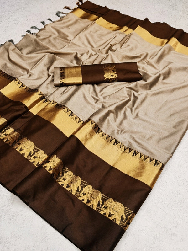 Tussar Beige & Coffee Brown Cotton Silk Savanna Elephant Saree