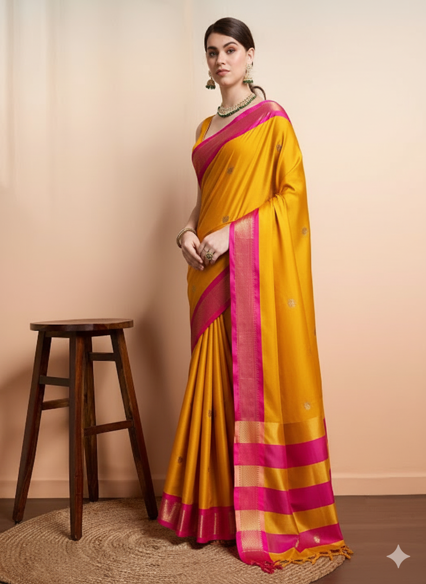Royal Mango Yellow & Classic Pink Paithani Cotton Silk Saree
