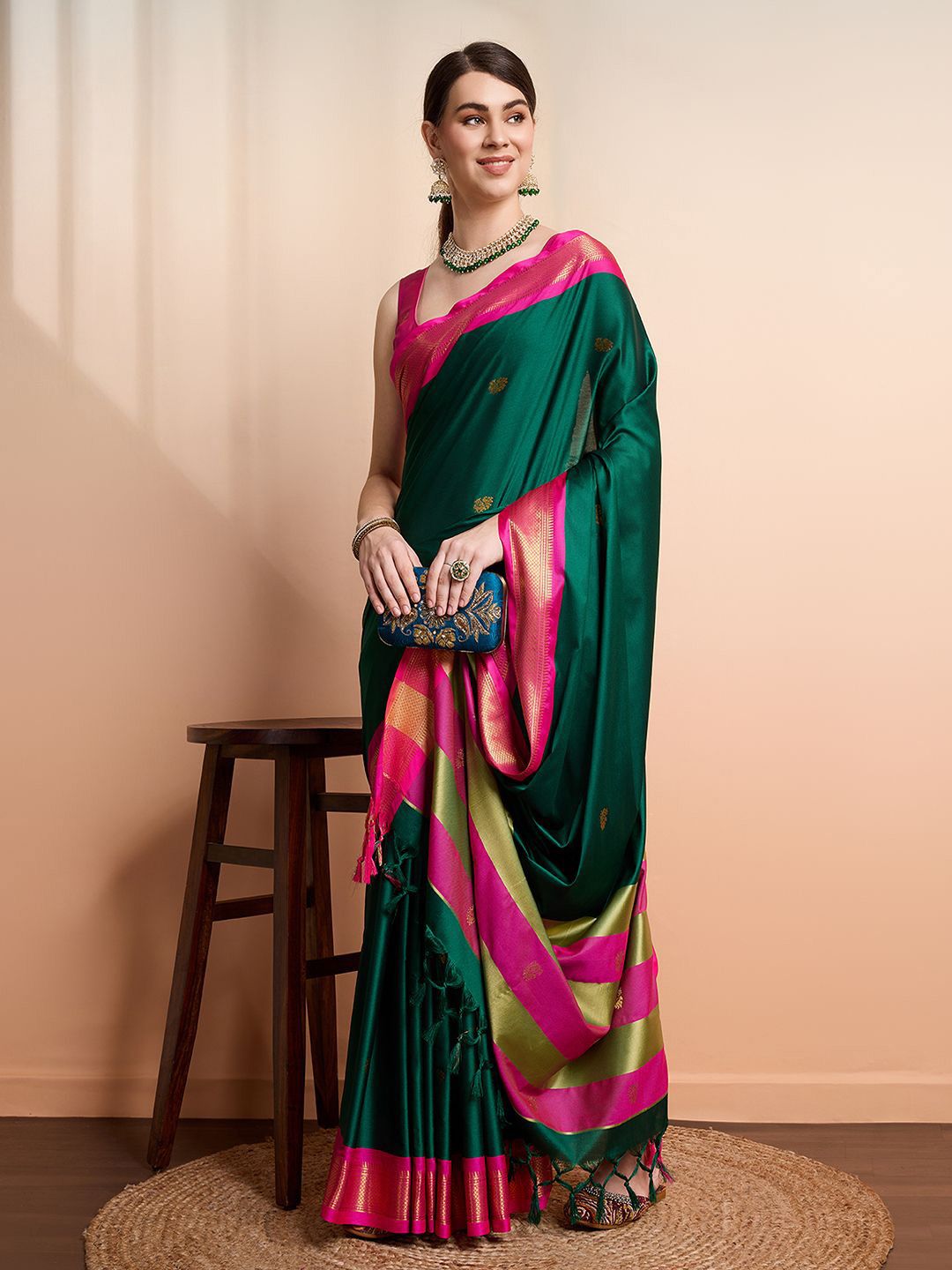 Classic Emerald Green & Royal Pink Paithani Cotton Silk Saree