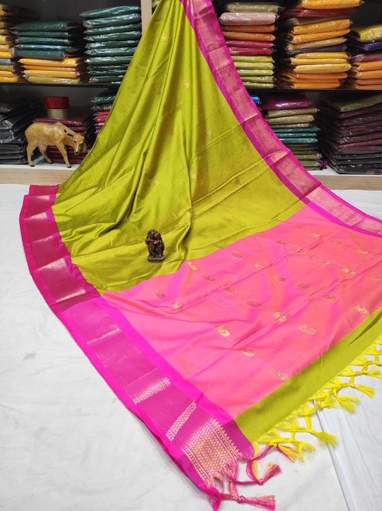 Elegant Lime Green & Pink Paithani Cotton Silk Saree