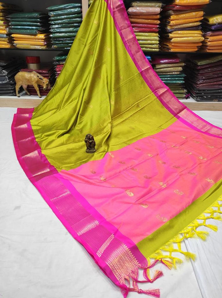 Elegant Lime Green & Pink Paithani Cotton Silk Saree