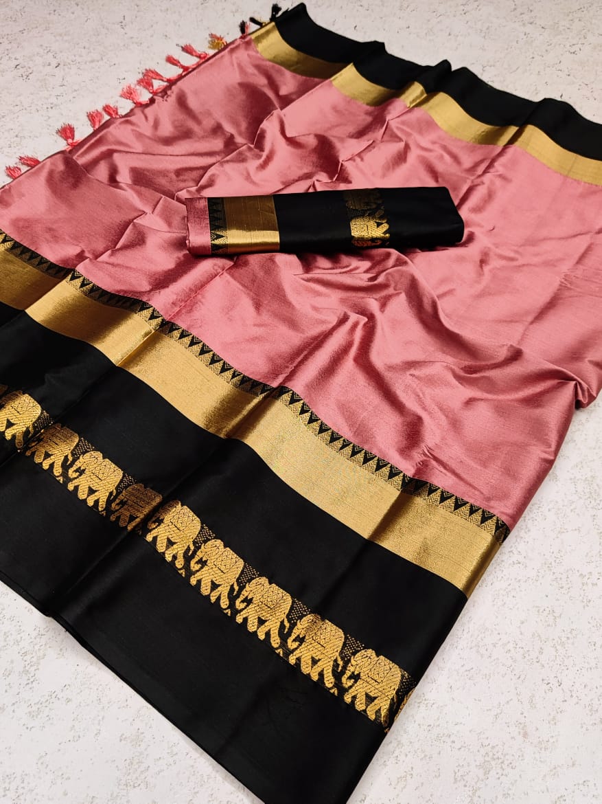 Baby Pink & Black Cotton Silk Saree