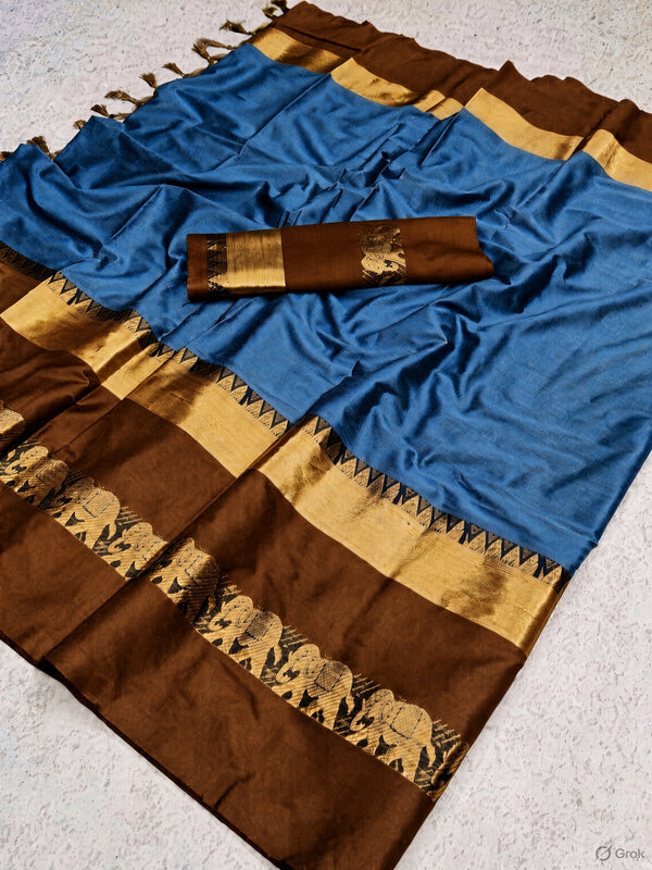 Cyan and Brown Cotton Silk Saree
